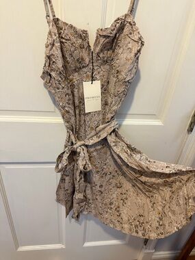 Promesa Beige Floral Tie-Waist Mini Dress